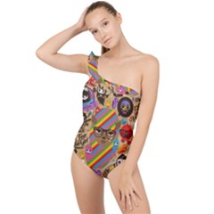 Multicolored Doodle Art Wallpaper Frilly One Shoulder Swimsuit