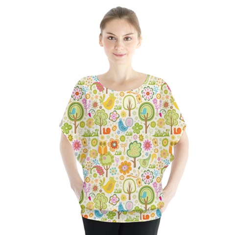 Nature Doodle Art Trees Birds Owl Children Pattern Multi Colored Batwing Chiffon Blouse by Jancukart