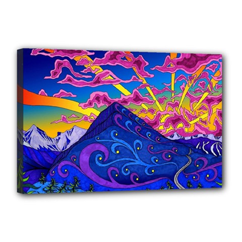 Psychedelic Colorful Lines Nature Mountain Trees Snowy Peak Moon Sun Rays Hill Road Artwork Stars Sk Canvas 18  X 12  (stretched) by Jancukart