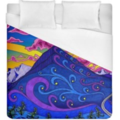 Psychedelic Colorful Lines Nature Mountain Trees Snowy Peak Moon Sun Rays Hill Road Artwork Stars Sk Duvet Cover (king Size) by Jancukart