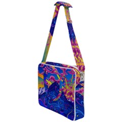 Psychedelic Colorful Lines Nature Mountain Trees Snowy Peak Moon Sun Rays Hill Road Artwork Stars Sk Cross Body Office Bag by Jancukart