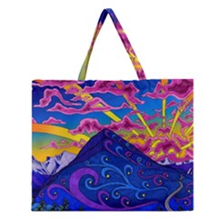 Psychedelic Colorful Lines Nature Mountain Trees Snowy Peak Moon Sun Rays Hill Road Artwork Stars Sk Zipper Large Tote Bag by Jancukart