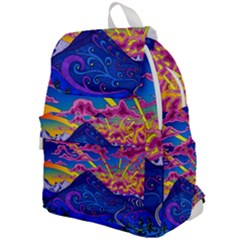 Psychedelic Colorful Lines Nature Mountain Trees Snowy Peak Moon Sun Rays Hill Road Artwork Stars Sk Top Flap Backpack by Jancukart