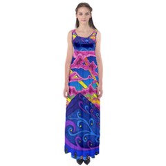 Psychedelic Colorful Lines Nature Mountain Trees Snowy Peak Moon Sun Rays Hill Road Artwork Stars Sk Empire Waist Maxi Dress