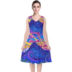 Psychedelic Colorful Lines Nature Mountain Trees Snowy Peak Moon Sun Rays Hill Road Artwork Stars Sk V-neck Midi Sleeveless Dress  by Jancukart