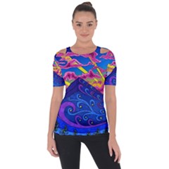 Psychedelic Colorful Lines Nature Mountain Trees Snowy Peak Moon Sun Rays Hill Road Artwork Stars Sk Shoulder Cut Out Short Sleeve Top by Jancukart