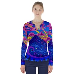 Psychedelic Colorful Lines Nature Mountain Trees Snowy Peak Moon Sun Rays Hill Road Artwork Stars Sk V-neck Long Sleeve Top by Jancukart