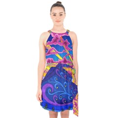 Psychedelic Colorful Lines Nature Mountain Trees Snowy Peak Moon Sun Rays Hill Road Artwork Stars Sk Halter Collar Waist Tie Chiffon Dress by Jancukart