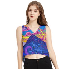 Psychedelic Colorful Lines Nature Mountain Trees Snowy Peak Moon Sun Rays Hill Road Artwork Stars Sk V-neck Cropped Tank Top by Jancukart