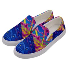 Psychedelic Colorful Lines Nature Mountain Trees Snowy Peak Moon Sun Rays Hill Road Artwork Stars Sk Men s Canvas Slip Ons by Jancukart