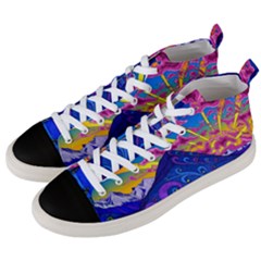 Psychedelic Colorful Lines Nature Mountain Trees Snowy Peak Moon Sun Rays Hill Road Artwork Stars Sk Men s Mid-top Canvas Sneakers