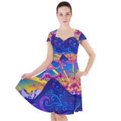 Psychedelic Colorful Lines Nature Mountain Trees Snowy Peak Moon Sun Rays Hill Road Artwork Stars Sk Cap Sleeve Midi Dress