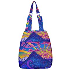 Psychedelic Colorful Lines Nature Mountain Trees Snowy Peak Moon Sun Rays Hill Road Artwork Stars Sk Center Zip Backpack by Jancukart