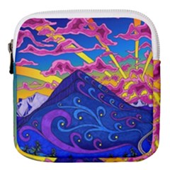 Psychedelic Colorful Lines Nature Mountain Trees Snowy Peak Moon Sun Rays Hill Road Artwork Stars Sk Mini Square Pouch by Jancukart
