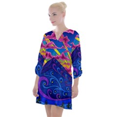 Psychedelic Colorful Lines Nature Mountain Trees Snowy Peak Moon Sun Rays Hill Road Artwork Stars Sk Open Neck Shift Dress by Jancukart