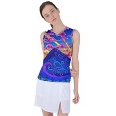 Psychedelic Colorful Lines Nature Mountain Trees Snowy Peak Moon Sun Rays Hill Road Artwork Stars Sk Women s Sleeveless Sports Top by Jancukart