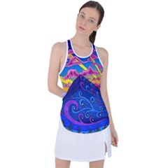 Psychedelic Colorful Lines Nature Mountain Trees Snowy Peak Moon Sun Rays Hill Road Artwork Stars Sk Racer Back Mesh Tank Top