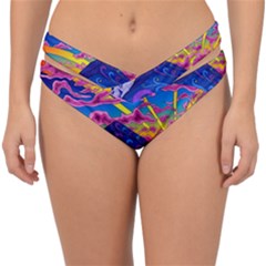 Psychedelic Colorful Lines Nature Mountain Trees Snowy Peak Moon Sun Rays Hill Road Artwork Stars Sk Double Strap Halter Bikini Bottoms by Jancukart