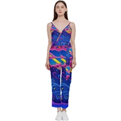 Psychedelic Colorful Lines Nature Mountain Trees Snowy Peak Moon Sun Rays Hill Road Artwork Stars Sk V-neck Spaghetti Strap Tie Front Jumpsuit by Jancukart