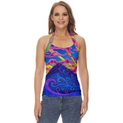 Psychedelic Colorful Lines Nature Mountain Trees Snowy Peak Moon Sun Rays Hill Road Artwork Stars Sk Basic Halter Top by Jancukart