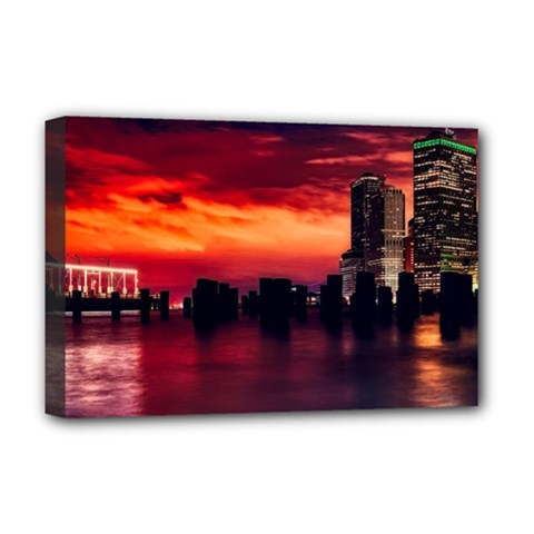 New York City Urban Skyline Harbor Bay Reflections Deluxe Canvas 18  X 12  (stretched) by Jancukart