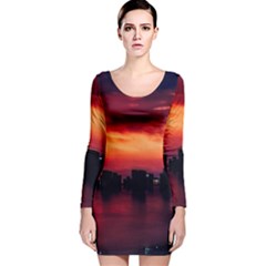 New York City Urban Skyline Harbor Bay Reflections Long Sleeve Velvet Bodycon Dress