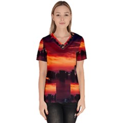 New York City Urban Skyline Harbor Bay Reflections Women s V-neck Scrub Top