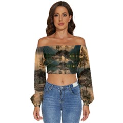 Nature Waters Lake Island Landscape Thunderstorm Long Sleeve Crinkled Weave Crop Top by Jancukart