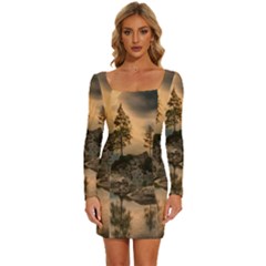 Nature Waters Lake Island Landscape Thunderstorm Long Sleeve Square Neck Bodycon Velvet Dress