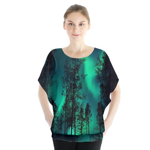 Aurora Northern Lights Celestial Magical Astronomy Batwing Chiffon Blouse by Jancukart