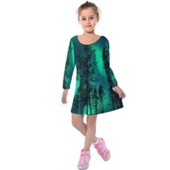 Aurora Northern Lights Celestial Magical Astronomy Kids  Long Sleeve Velvet Dress