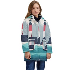 Lighthouse Ocean Nautical Sea Minimal Minimalist Kid s Hooded Longline Puffer Jacket by Pakemis