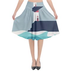 Lighthouse Ocean Nautical Sea Minimal Minimalist Flared Midi Skirt by Pakemis