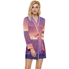 Sunset Ocean Beach Water Tropical Island Vacation Nature Long Sleeve Satin Robe by Pakemis