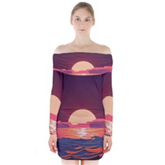 Sunset Ocean Beach Water Tropical Island Vacation 5 Long Sleeve Off Shoulder Dress