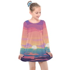 Sunset Ocean Beach Water Tropical Island Vacation 4 Kids  Long Sleeve Dress by Pakemis