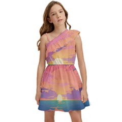 Sunset Ocean Beach Water Tropical Island Vacation 4 Kids  One Shoulder Party Dress