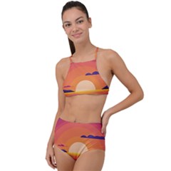 Sunset Ocean Beach Water Tropical Island Vacation Landscape High Waist Tankini Set by Pakemis