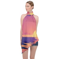 Sunset Ocean Beach Water Tropical Island Vacation Halter Asymmetric Satin Top by Pakemis