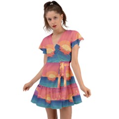 Sunset Ocean Beach Water Tropical Island Vacation 2 Flutter Sleeve Wrap Dress by Pakemis