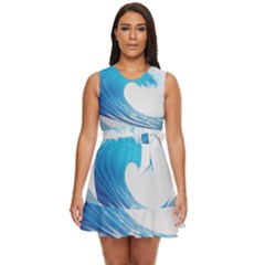 Wave Tsunami Tidal Wave Ocean Sea Water Waist Tie Tier Mini Chiffon Dress