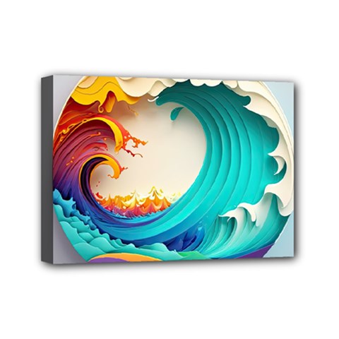 Tsunami Tidal Wave Wave Minimalist Ocean Sea 3 Mini Canvas 7  x 5  (Stretched)