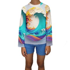 Tsunami Tidal Wave Wave Minimalist Ocean Sea 3 Kids  Long Sleeve Swimwear