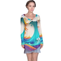 Tsunami Tidal Wave Wave Minimalist Ocean Sea 3 Long Sleeve Nightdress