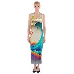 Tsunami Tidal Wave Wave Minimalist Ocean Sea 3 Fitted Maxi Dress by Pakemis