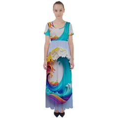 Tsunami Tidal Wave Wave Minimalist Ocean Sea 3 High Waist Short Sleeve Maxi Dress
