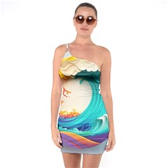 Tsunami Tidal Wave Wave Minimalist Ocean Sea 3 One Soulder Bodycon Dress