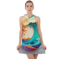 Tsunami Tidal Wave Wave Minimalist Ocean Sea 3 Halter Tie Back Chiffon Dress