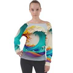 Tsunami Tidal Wave Wave Minimalist Ocean Sea 3 Off Shoulder Long Sleeve Velour Top