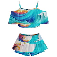 Tsunami Tidal Wave Wave Minimalist Ocean Sea 3 Kids  Off Shoulder Skirt Bikini